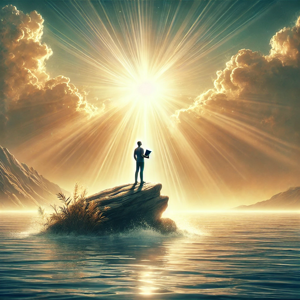 DALL·E 2024-08-22 14.14.59 – A detailed and inspirational image symbolizing biblical hope and security. The scene depicts a person standing on a solid rock at the edge of a calm s