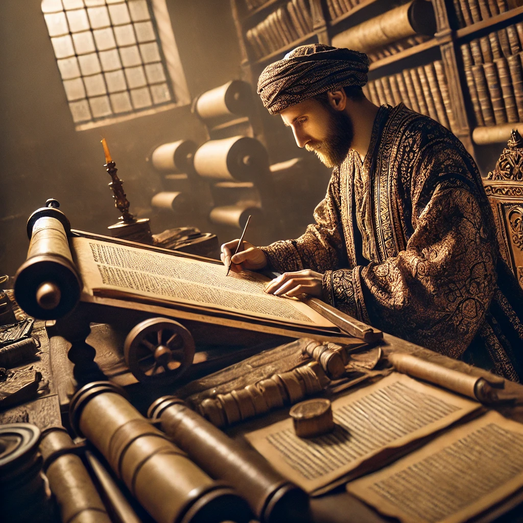 DALL·E 2024-08-23 13.15.16 – A detailed and historical depiction of a scribe carefully studying and examining the Bible. The scribe is shown seated at a wooden desk, surrounded by