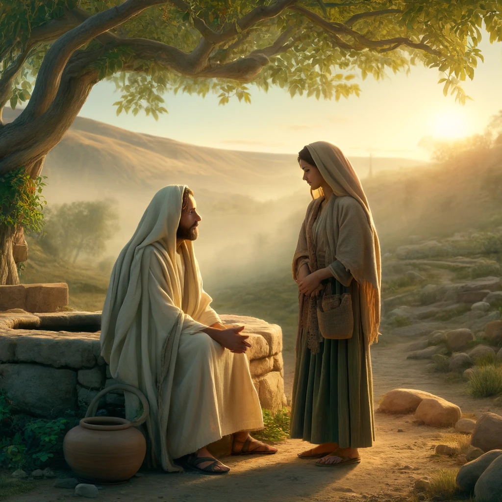DALL·E 2024-09-05 11.52.50 – A peaceful scene of Jesus and the Samaritan woman by a well. The setting is outdoors in a rural area with a stone well, surrounded by trees and the ro